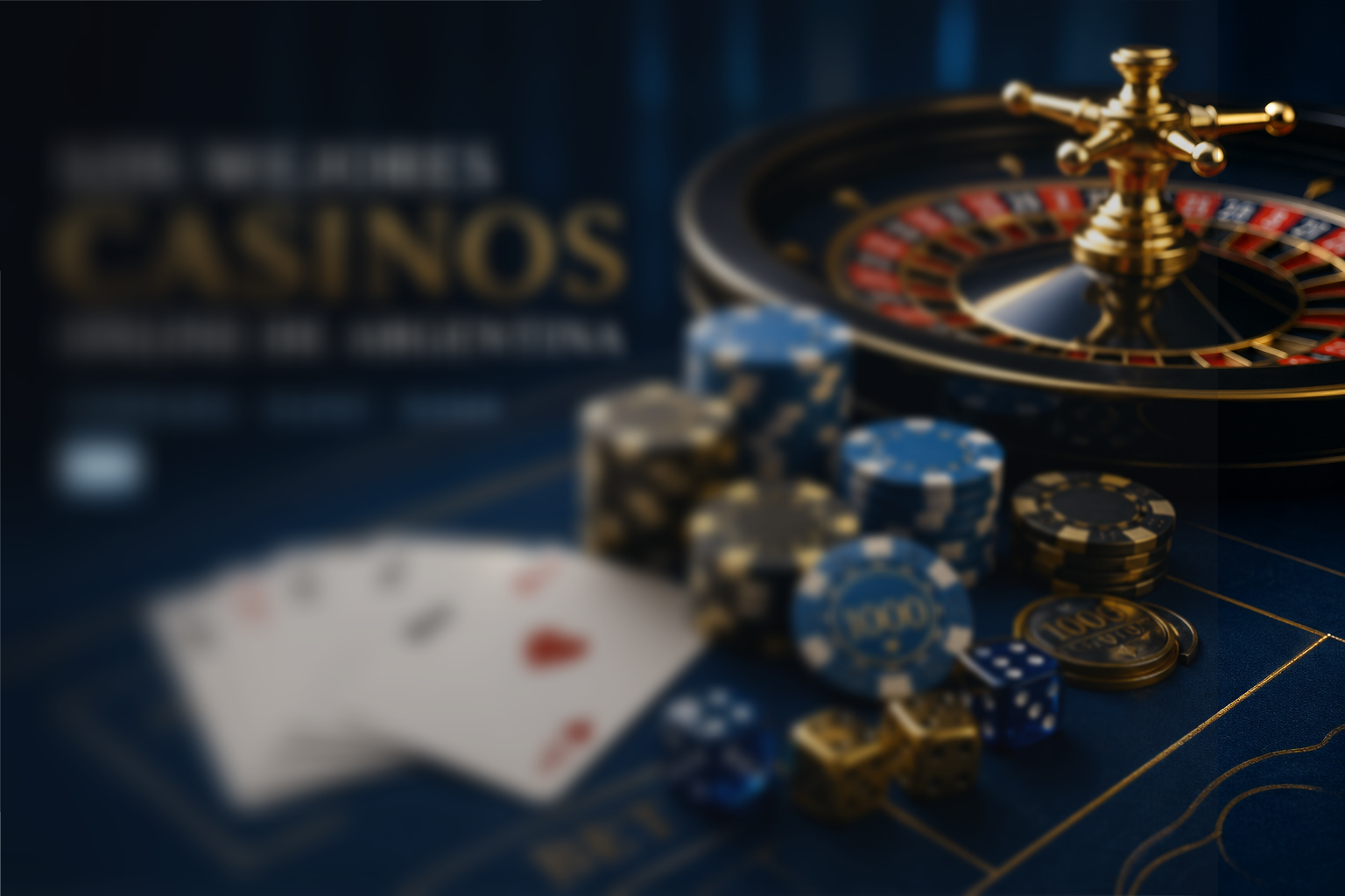 Ruleta, cartas y fichas de casino sobre paño azul